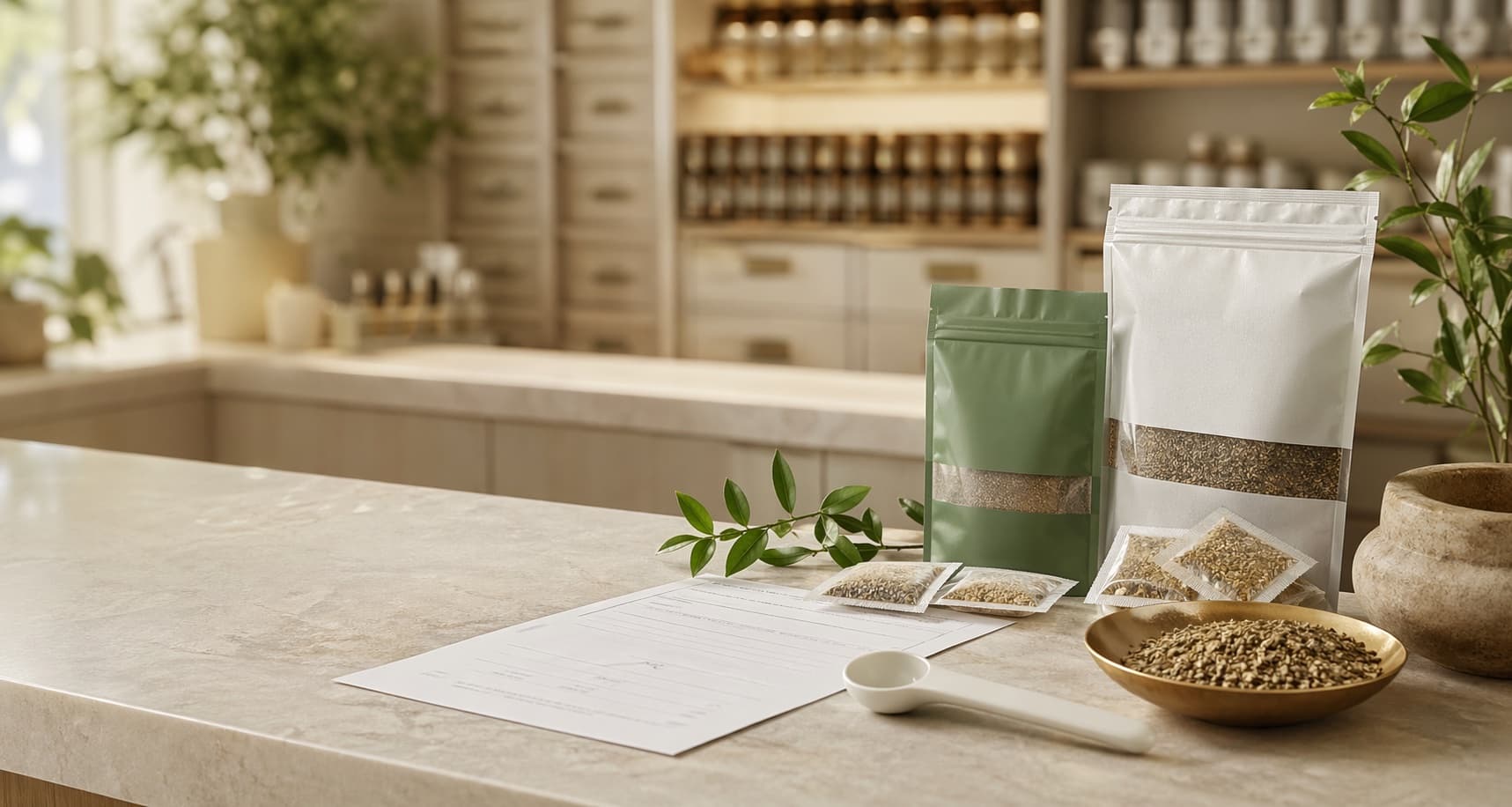 Professional herbal granule prescription fulfillment workspace